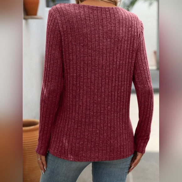 Mandy Ribbed V-Neck Long Sleeve Burgundy T-Shirt - Picture 2 of 6